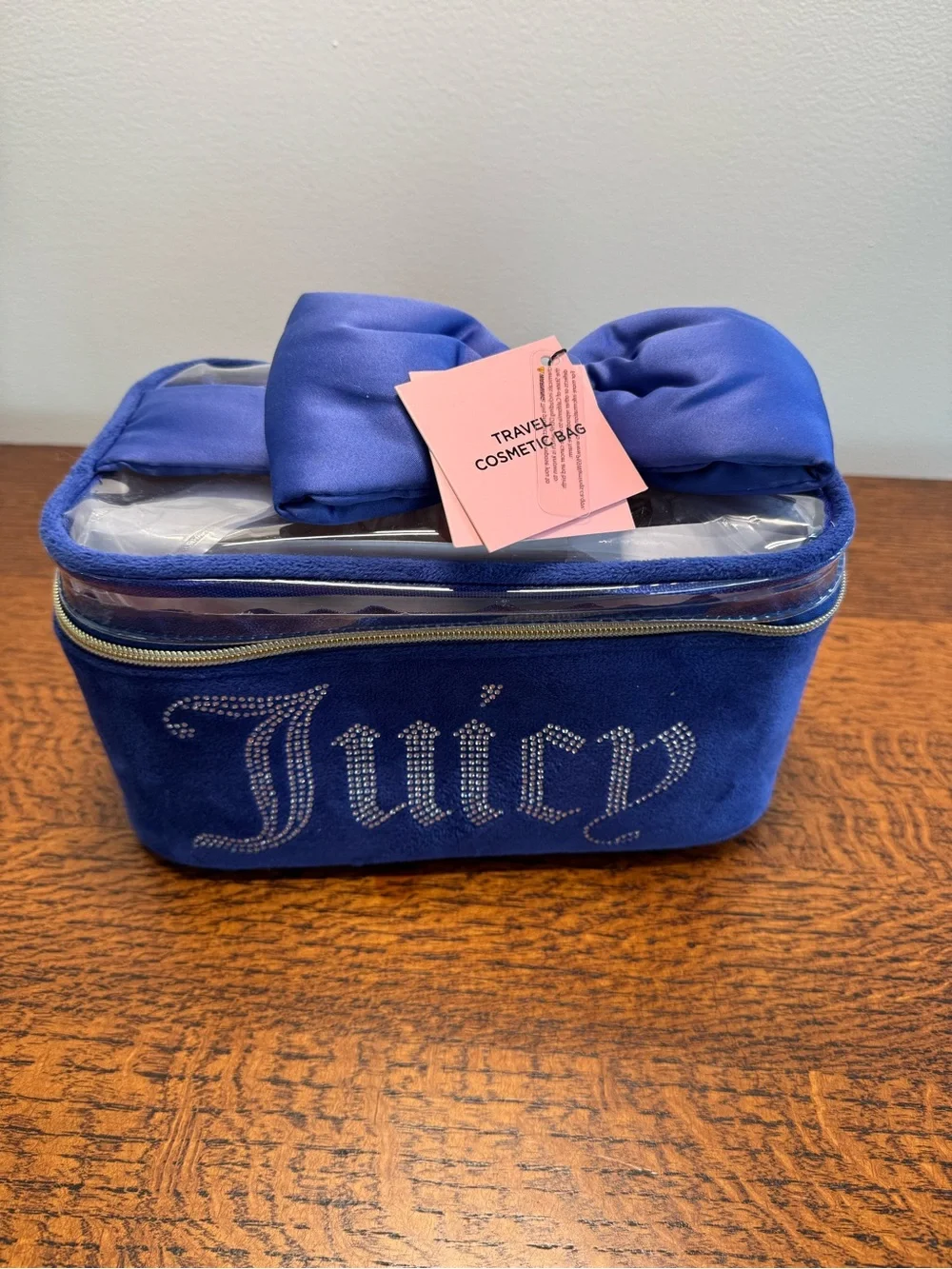 NWT Juicy Couture Royal Blue Velvet Bow Cosmetic Case with Beauty Items